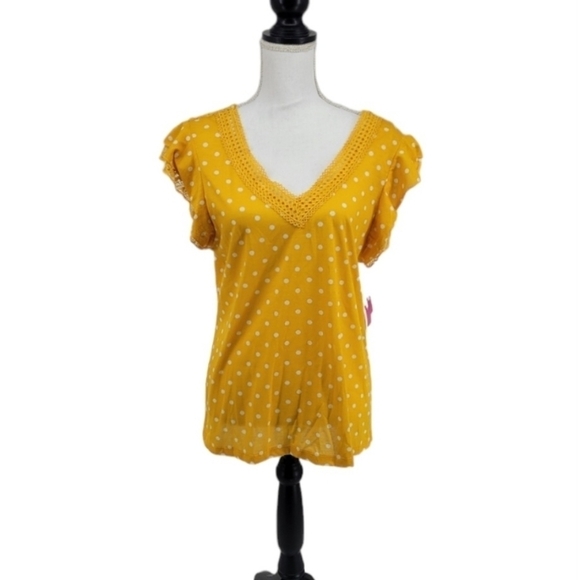Bobbie Brooks Top Yellow White Polka Dots Lace Accents Open Back Sz M NWT - Picture 12 of 12